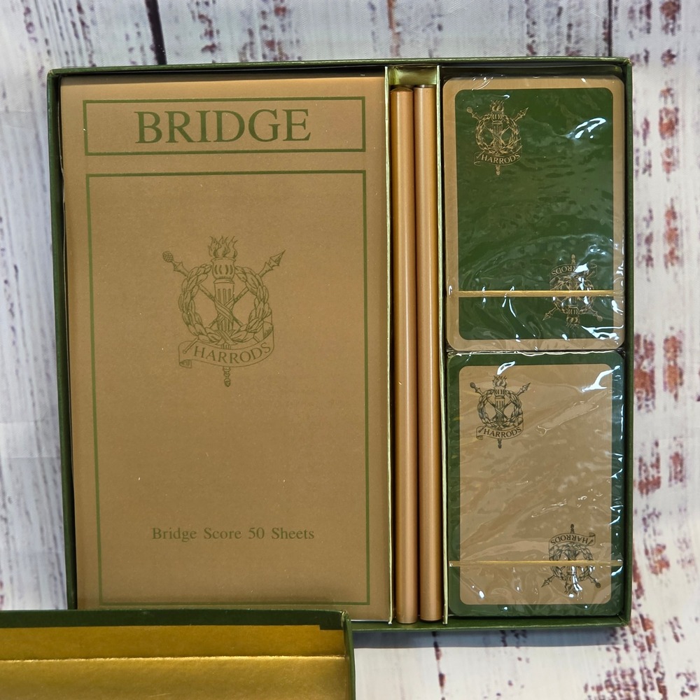 Harrods Bridge Set Green Gold Like NEW Piatnik Cards Score Pads Pencils